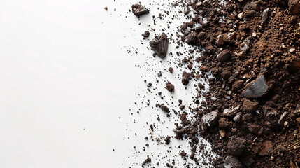 A big copy space with pile of soil scattered isolated on white background and texture, top view