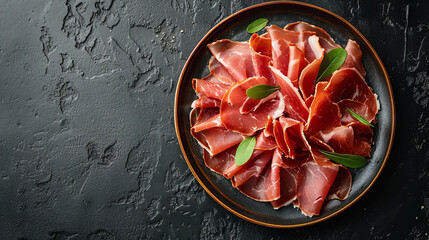 A big copy space with sliced jamon on a plate top view on clean black background