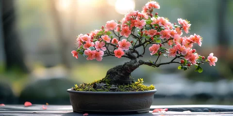 Schilderijen op glas blossom bonsai tree in pot on table © Nate