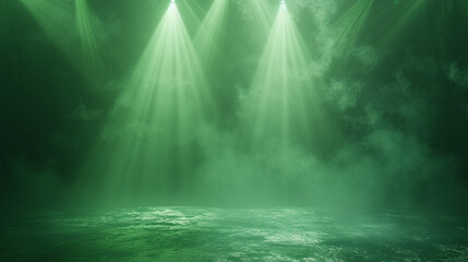 Abstract background - green aurora light. White spotlight fog stage entertainment background.