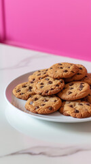 Cookies with chocolate chips served on a white plate on a white table and a pink wall in the background