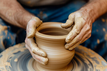 Man Creating a Pot on Potters Wheel