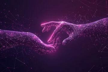 hand teamwork low poly wireframe on purple dark background. connection consisting of dots, lines, triangles futuristic style, on technology style, with huge big secne view background