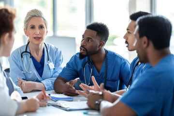 Group of Doctors Engaged in Tabletop Discussion