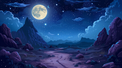 Night mountain landscape with path leading to rocky hills under starry sky with clouds and full moon. Cartoon vector illustration of dark blue dusk scenery with road and rocks under moonlight - obrazy, fototapety, plakaty