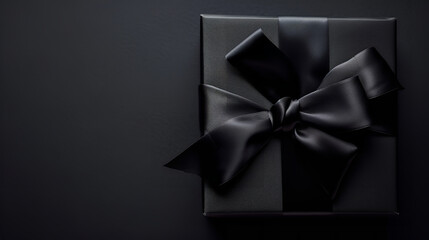 Part of Luxury gift box with black bow on black, copy space