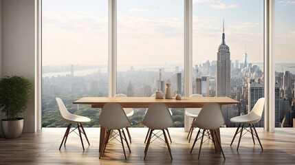 a dining room with an eco style, featuring a white wall panel, a white table, wooden chairs on parquet, and a view of the smoky city.