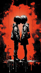 Schoolboy and girl looking at each other, hugging, first love. Small red hearts on background. Dark red background. Poster. Screensaver 