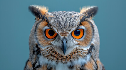 Studio portrait of an angry owl, isolated on light blue