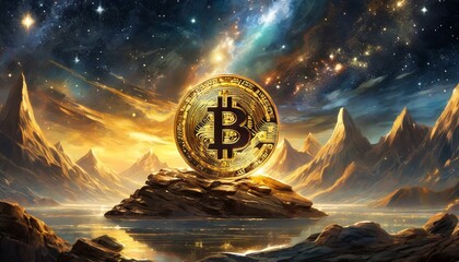 shining golden bitcoin, epic nature background with colorful sky, universe with planets and stars - obrazy, fototapety, plakaty