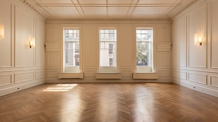 Renovated room with wood floors, moulding, tan paint, and ceiling lights.