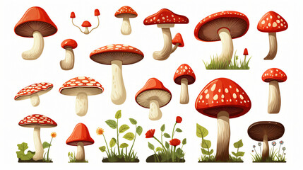 Different types of mushrooms, cartoon isolated.