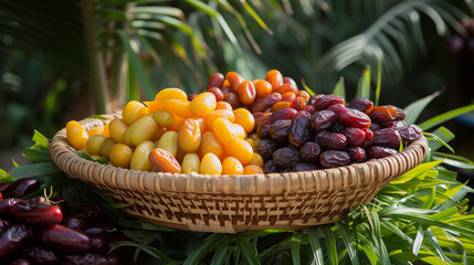 A vibrant display of dates in various stages of ripeness, from deep amber to rich mahogany, arranged in a woven basket against a backdrop of lush green foliage, capturing the essen