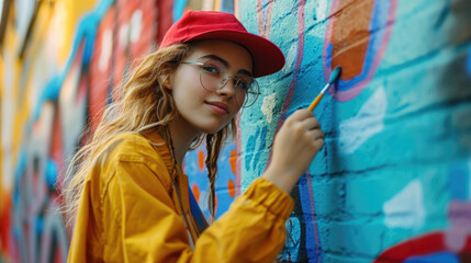 A young woman is painting graffiti on the wall. Colorful graffiti on the wall. - obrazy, fototapety, plakaty