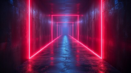 3D render of a corridor with glowing red lines. Generative AI - obrazy, fototapety, plakaty