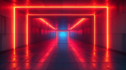 3D render of a corridor with glowing red lines. Generative AI
