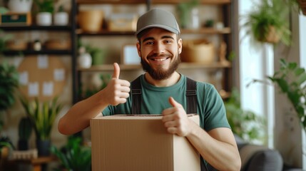 Delivery Man Giving Thumbs Up, Friendly delivery man with a cap holding a package and giving two thumbs up, ensuring reliable service with a smile
