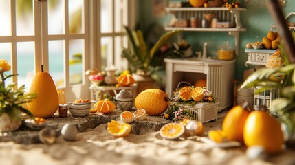 closeup photography Mango fruit, highlighting its tropical shape and golden hue, arranged in a whimsical dollhouse-inspired beach setting