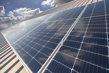 Obraz premium Solar panels under sunlight blue sky, Green energy concept, Care of the Environment, Clean energy.