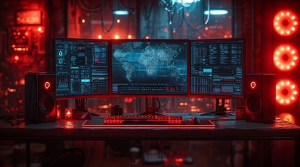 Obraz premium several monitors on the table. Generative AI