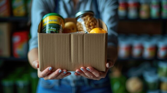 Woman volunteer hands holding food donations box with food grocery products, Donations for charity, food bank