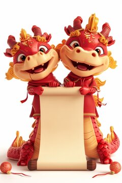 Mascottes mignonnes dragons tenant un parchemin de richesse de f&eacute;licitations au bas de l'image de nombreuses expressions faciales - Nouvel An chinois