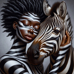 Painting on canvas, an African woman with a zebra.