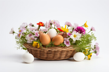 Easter eggs in basket with flowers, side view on a white background
