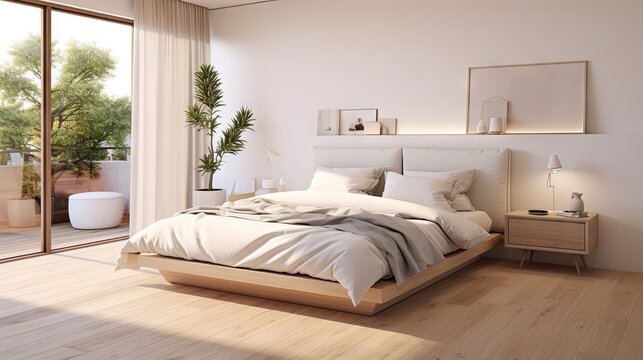Minimalist beige bedroom with double bed on wooden floor, decorated wall, white view through window. Nordic home interior in 3D.