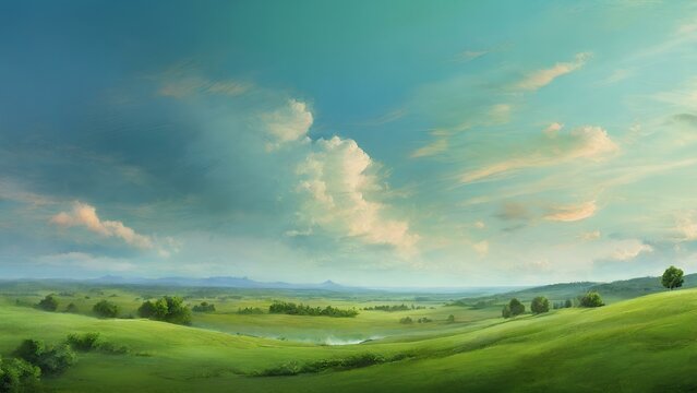 Realistic picture of green landscape with beautiful sky