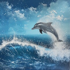 A dolphin leaping out of water, surrounded by sparkling waves against a sky blue background, embodying freedom and joy.