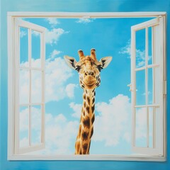 A giraffe peering into a window, its long neck stretching across a sky-blue background, representing curiosity and friendliness.