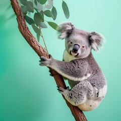 A koala clinging to a branch, against an eucalyptus green background, symbolizing calmness and relaxation. 