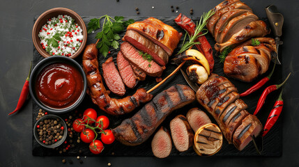 User
Mouthwatering barbecue with vegetables and sauces on black stone background