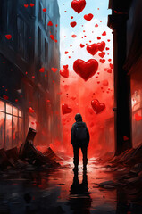 A man stands outside in an alley and looks up at the red hearts flogging in the sky. Symbol of love and passion. Poster. Love concept. Valentine day background with hearts