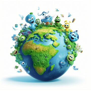 Earth planet with cartoon characters isolated on...