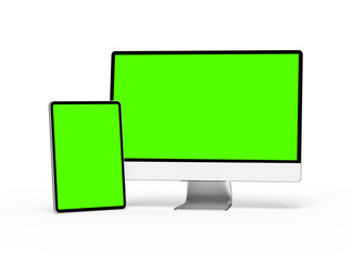 3D Render of smartphone tablet desktop with green screens on a transparent background