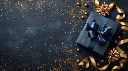 Navy gift box with golden glitter ribbon for special occasions, celebrations, and gifting.