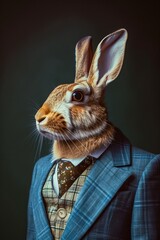 A sophisticated domestic rabbit dressed in a tailored suit stands tall on his hind legs, exuding a charming sense of personification