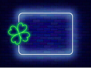 Happy Saint Patrick day neon flyer. Green clover leaf and empty white frame. Good luck. Vector stock illustration