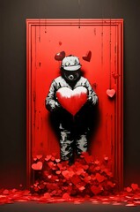 The guy is a street artist holding a big red heart in his hands against a red door and there are lots of little hearts under his feet on a dramatic black background. Poster