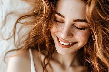 A radiant woman with fiery red hair and playful freckles, exuding joy and confidence as she flashes a stunning smile, framed by long layered locks and accentuated by bold eye makeup in this captivati - obrazy, fototapety, plakaty