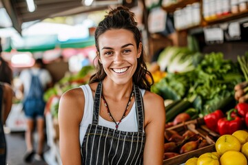 A beaming woman stands outdoors at a local market, surrounded by fresh produce and whole foods, radiating natural beauty and promoting healthy living through a plant-based diet