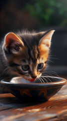 The kitten eats from a bowl