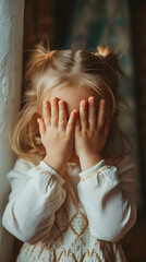 little girl covers her eyes with her hands playing hide and seek at home