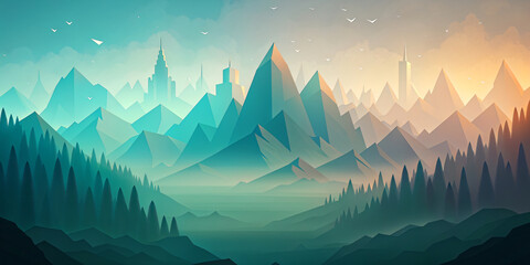 Mountain Sunrise View with Sky, Fog, and Snow in illustration style