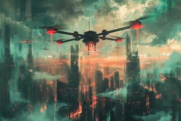 An aerial painting captured through a screenshot, showcasing the bustling cityscape below as a drone glides gracefully alongside aircraft, helicopters, and planes