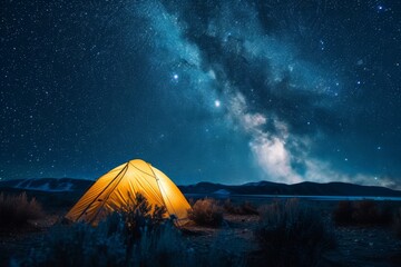 Illuminated tent under a starry sky in a remote wilderness