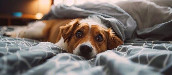 A fawn-colored dog of a specific breed from the Sporting Group is comfortably resting under a blanket on a bed, showcasing its carnivorous nature and being a loyal companion. - obrazy, fototapety, plakaty