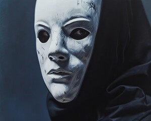 Fototapeta premium A haunting portrait of a masked figure, their clothing blending seamlessly with the masque, evoking a sense of horror and mystery